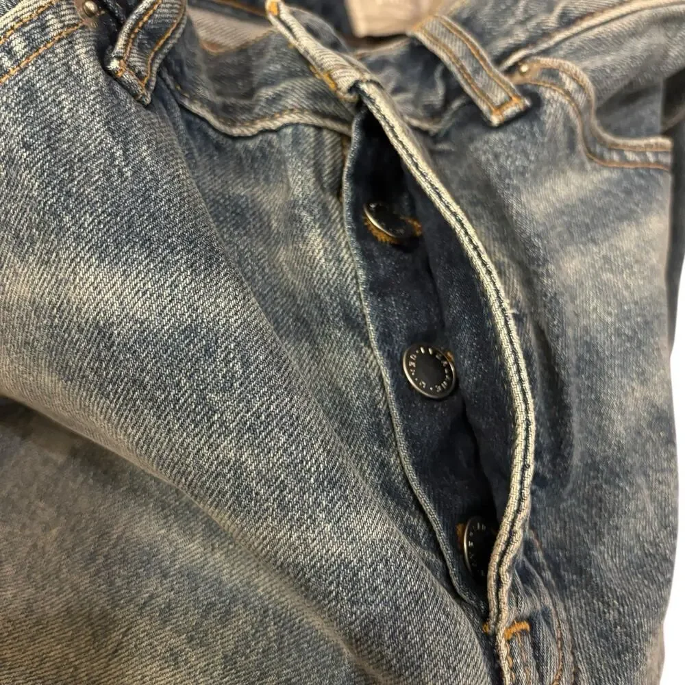 Everlane Relaxed Fit High Rise Button Fly Blue Frayed Hem Denim Shorts Size 27